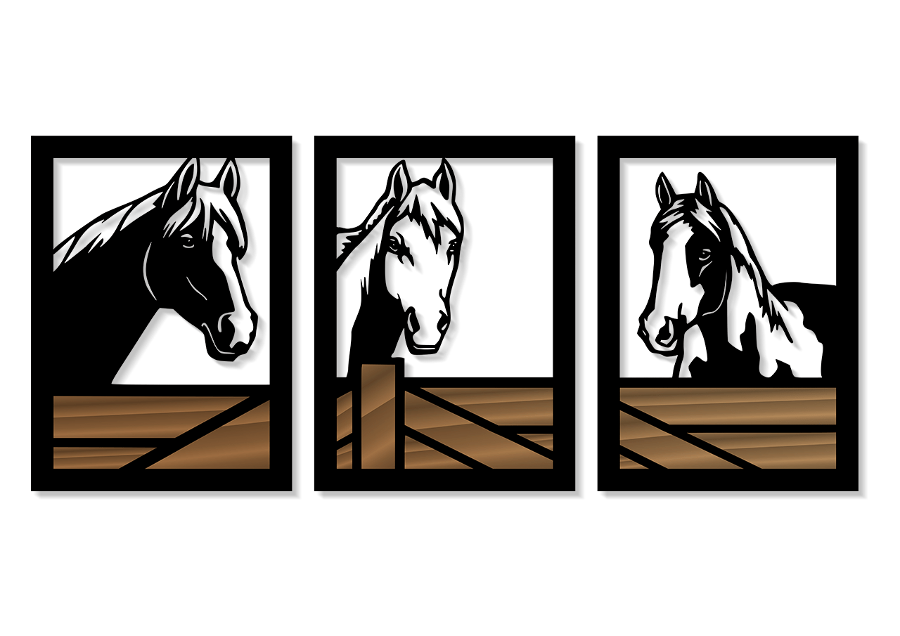 QUADROS DECORATIVOS CAVALOS HARAS (KIT 3 PEÇAS)