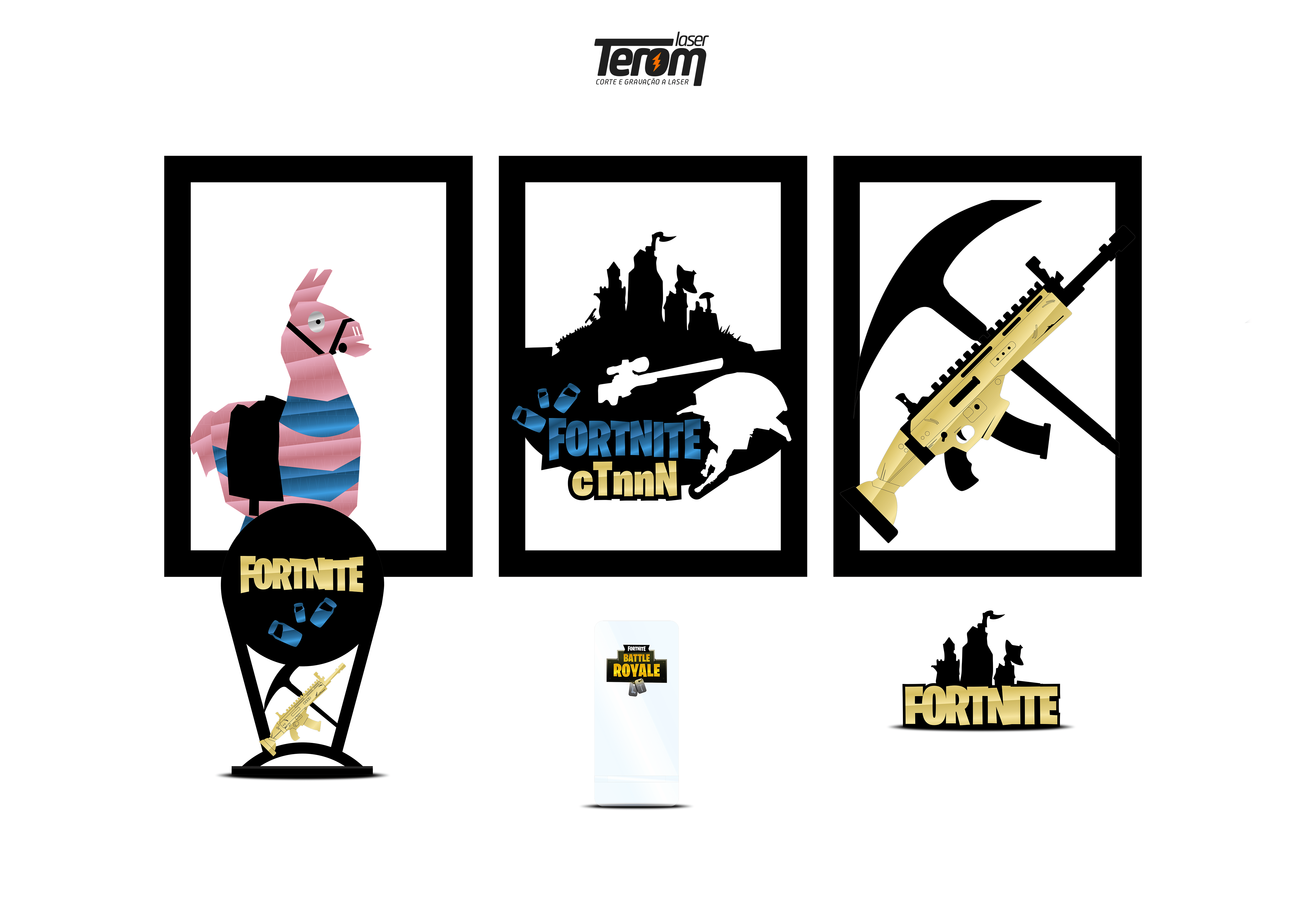 BOX FORTNITE - KIT 3 QUADROS + SUPORTE DE HEADSET + SUPORTE DE CELULAR E PLACA DE MESA DE BRINDE