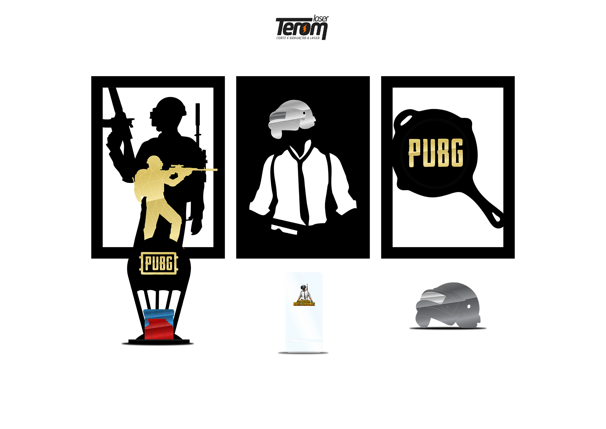 BOX PUBG - KIT 3 QUADROS + SUPORTE DE HEADSET + PLACA DE MESA + SUPORTE DE CELULAR *BRINDE*