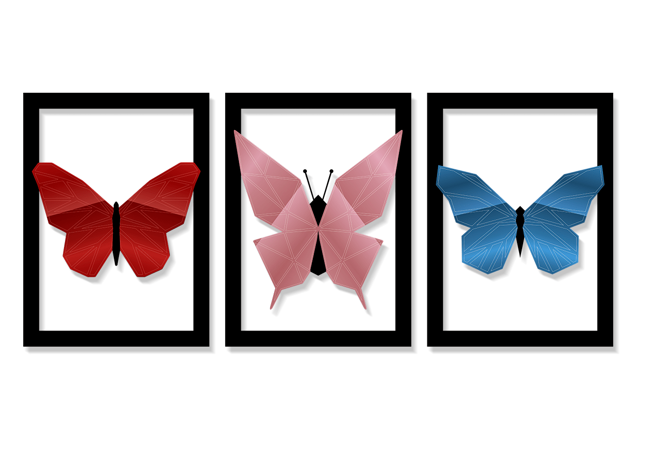 QUADROS DECORATIVOS BORBOLETA GEOMÉTRICA (KIT 3 PEÇAS)