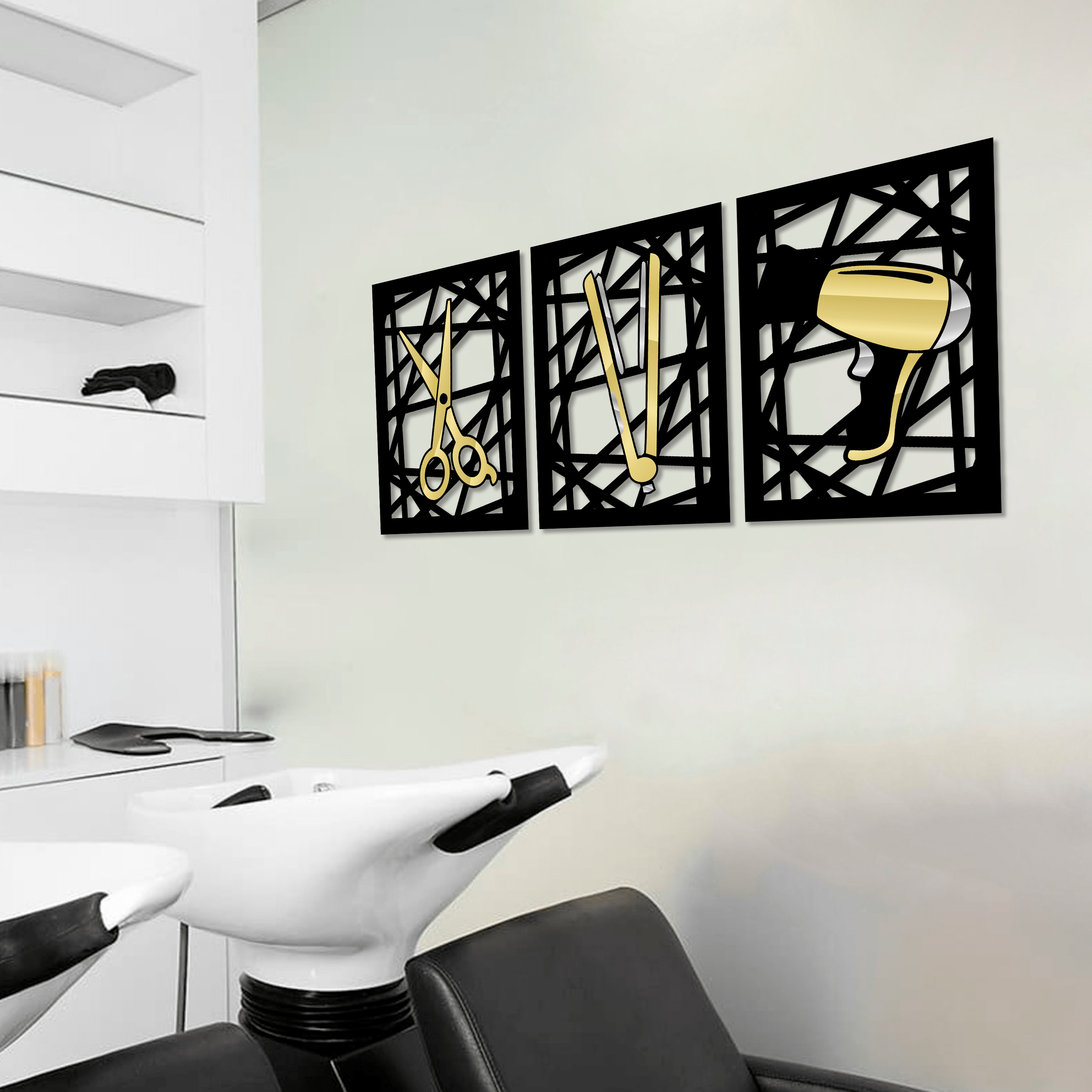 QUADROS DECORATIVOS CABELEIREIRA - TESOURA CHAPINHA SECADOR ABSTRATO