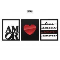 KIT 3 QUADROS - AMOR, CORAÇÃO E LOVES