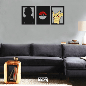 QUADROS DECORATIVOS POKEMON - ASH POKEBOLA PIKACHU ( KIT 3 PEÇAS )