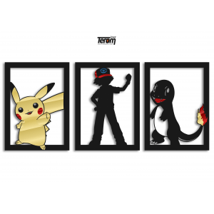 QUADROS DECORATIVOS POKEMON - PIKACHU ASHE CHARIZARD